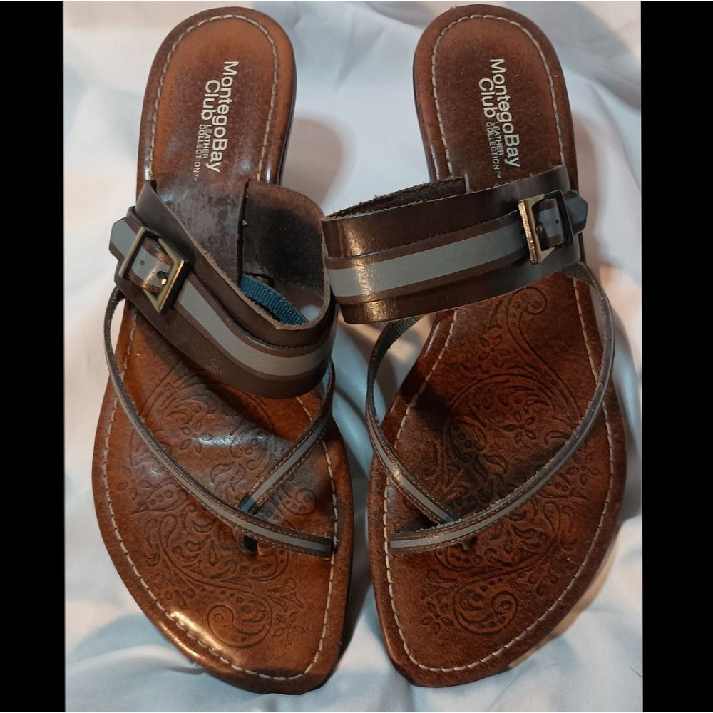 Montego Bay Club Leather Collection Brown Blue Leather Strappy Sandals SKUW086 - Picture 2 of 9